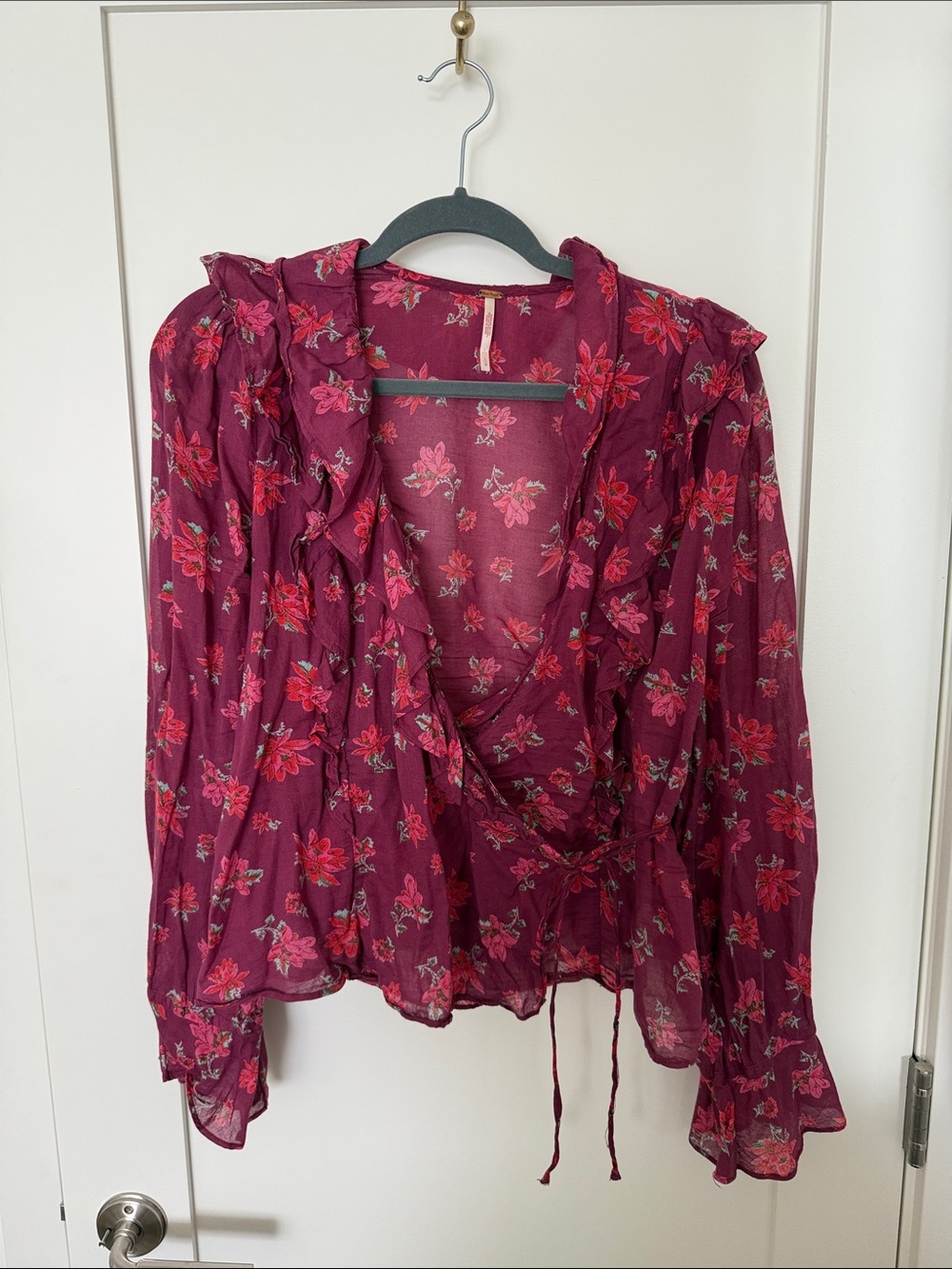 Free People Burgundy Floral Wrap Blouse